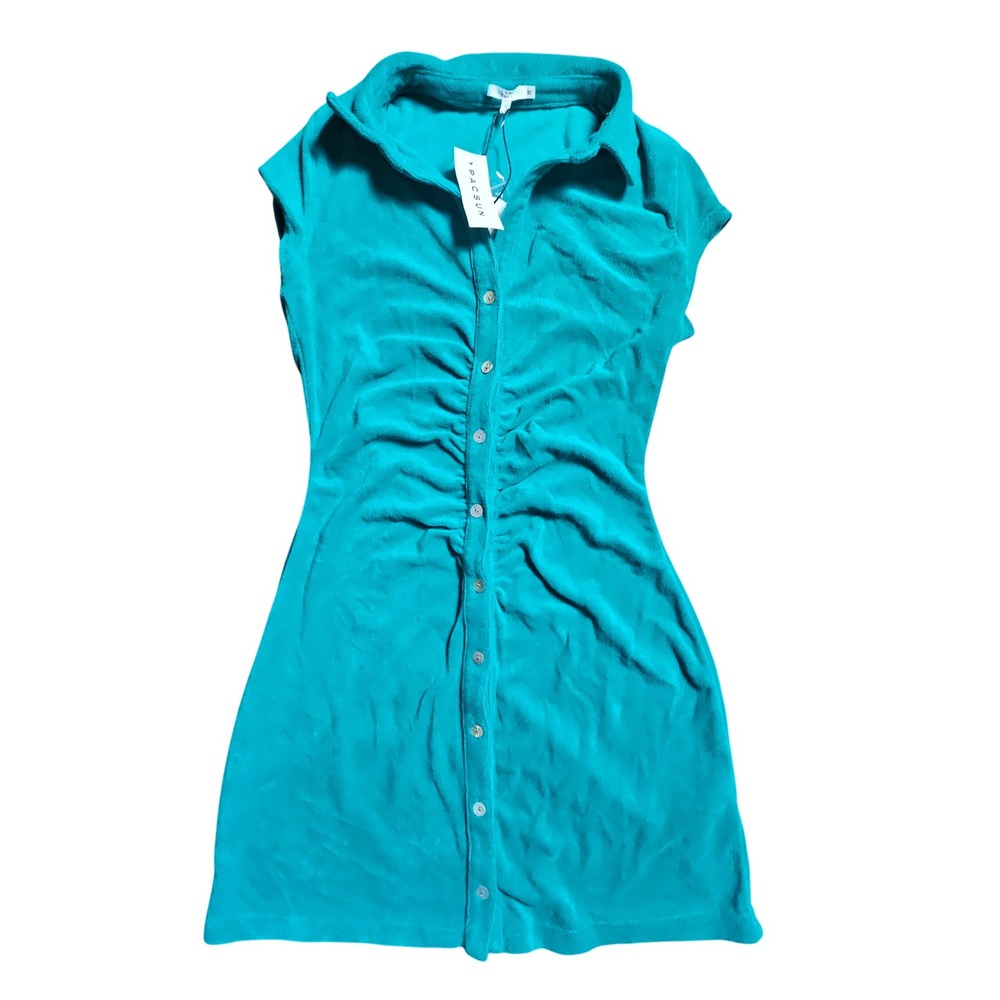 NIA Beverly Terry Dress Womens S Teal Button Front Mini Summer‎ Vacation NWT